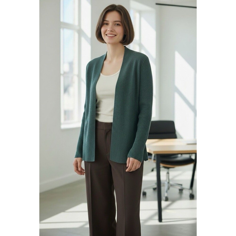 Eileen Fisher womens fine knit forest green ribbed sleeve luxurcy cardigan PS